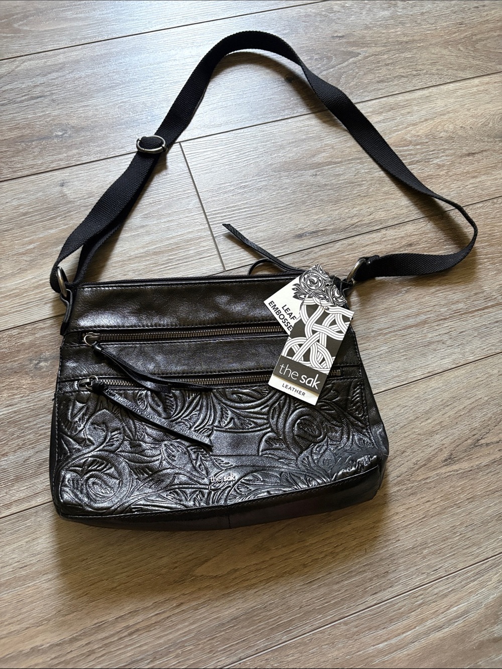The Sak Black Embossed Leather Crossbody with Adjustable Strap NWT